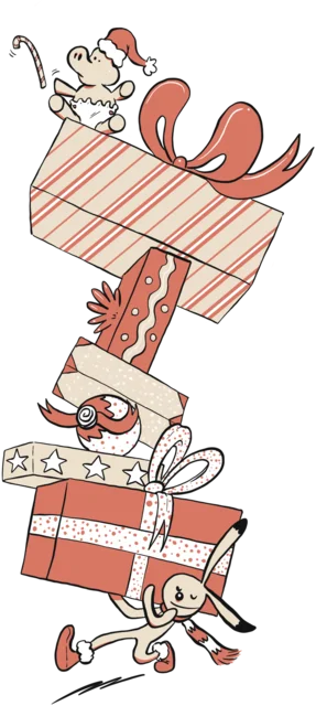 Illustration de Noël : lapins, cadeaux et maison en pain d'épices