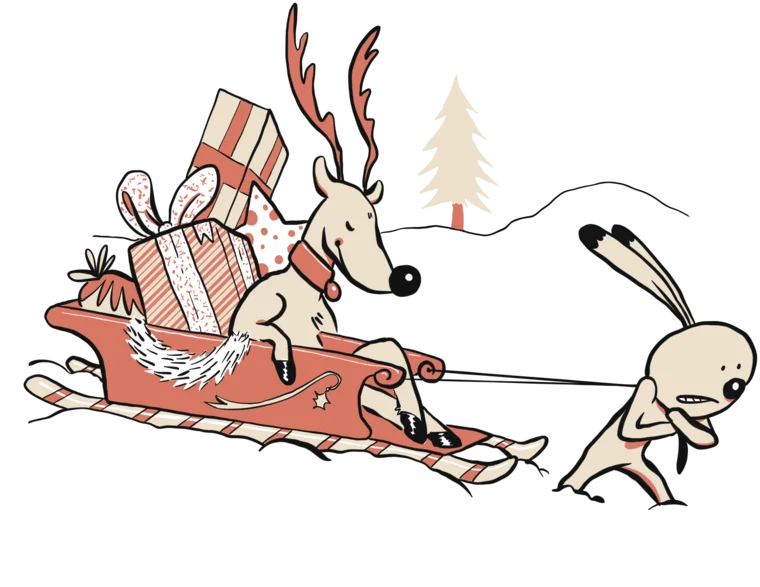 Un lapin tire un traîneau chargé de cadeaux