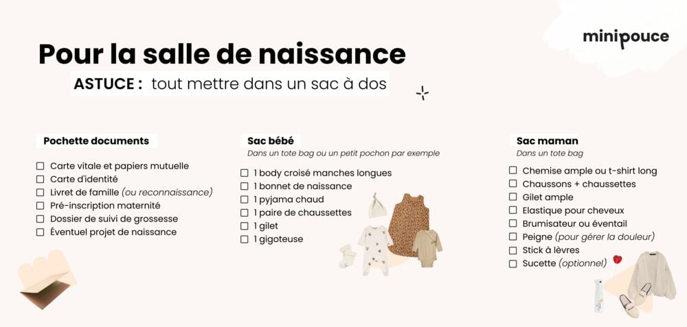 Liste valise maternité pour la salle de naissance : sac bébé, sac maman et documents administratifs