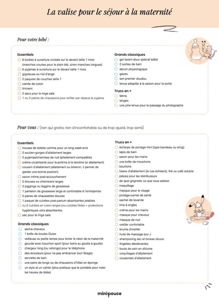 Valise de maternité liste indispensables à prendre à l'hopital pour le séjour : vêtements bébé, essentiels maman