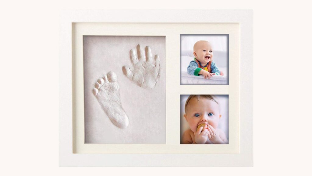 Kit Empreinte Pieds et Mains Bébé - Cadre Bois, Verre Acrylique, Support pour 2 Photos - Idée Cadeau pour Enfants, Jeunes Mamans et Papas