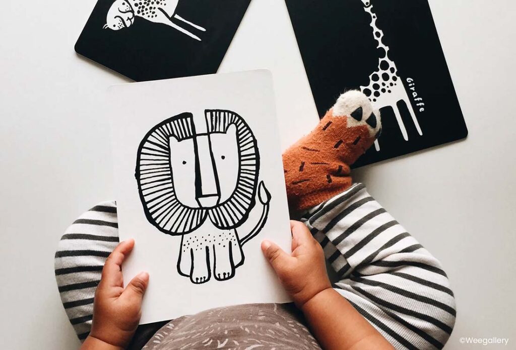 Matériel montessori : Vue rapprochée des mains d'un bébé tenant un livre illustré d'un lion noir et blanc au design épuré. À sa gauche, un autre livre dévoile le dessin contrasté d'une girafe. Le bébé porte des vêtements rayés en noir et blanc et une chaussette orange avec un motif de renard. Le choix des couleurs et des motifs, centré sur le noir, le blanc et des touches d'orange, met en avant une esthétique à la fois moderne et enfantine. L'accent est mis sur la curiosité et l'éveil sensoriel du tout-petit à travers la découverte des animaux.