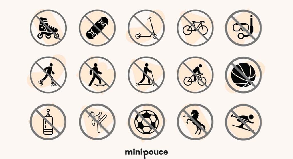 Illustration de pictogrammes interdisant divers sports et exercices considérés comme dangereux pendant la grossesse, tels que le roller, le skateboard, le vélo, le scooter, la trottinette, l'escalade, le football, l'équitation et le ski, avec le mot 'minipouce' en bas.