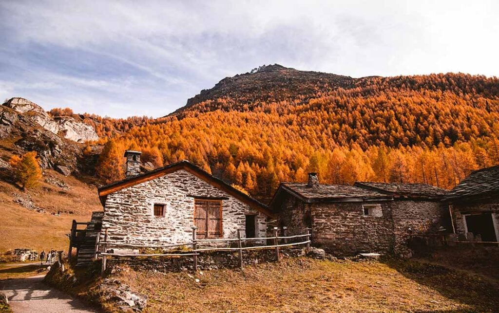 Chalet rustique en pierre niché dans une forêt d'automne aux teintes orange vif, évoquant un cadre isolé pour un accouchement naturel et insolite, loin des commodités modernes, soulignant les naissances uniques en pleine nature.