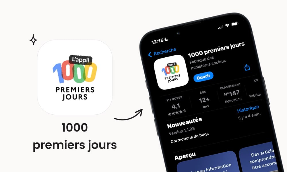 Image d'une capture d'écran d'un smartphone affichant l'application "1000 premiers jours" sur un store d'applications, avec un logo coloré et ludique représentant le chiffre 1000 et le texte "PREMIERS JOURS". L'application, dédiée à l'éducation et au bien-être des jeunes parents et de leur bébé, est notée 4,1 étoiles, adaptée pour les plus de 12 ans, et met en avant des articles et informations pour accompagner les 1000 premiers jours de vie de l'enfant.