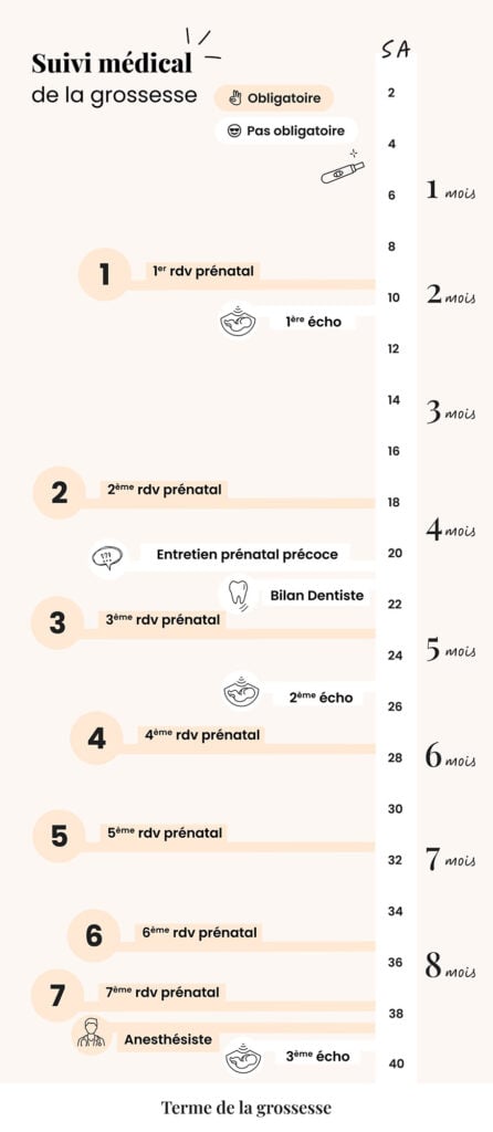 Infographie détaillée pour une application de suivi médical de grossesse montrant un calendrier chronologique des rendez-vous prénataux et des échographies nécessaires. Les étapes sont numérotées de 1 à 7 avec des indicateurs pour les rendez-vous obligatoires et non obligatoires, ainsi que des illustrations correspondantes comme une échographie ou un bilan dentiste. L'infographie indique également les termes de la grossesse par mois. Cet outil vise à aider les femmes enceintes à organiser leurs soins prénatals et à préparer l'arrivée de leur bébé.