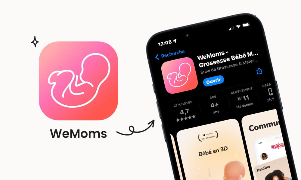 Application WeMoms pour le suivi de grossesse, affichée sur un smartphone. L'écran montre l'application notée 4.7 étoiles, indiquant son classement dans la catégorie médicine sur une plateforme de téléchargement d'apps. L'icône rose représente une silhouette maternelle et son bébé, évoquant la connexion mère-enfant. L'application propose des fonctionnalités comme le suivi médical, des conseils de maternité et une représentation en 3D du développement du bébé, destinée aux femmes enceintes cherchant un accompagnement quotidien pendant leur grossesse.