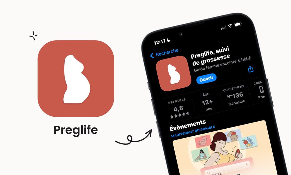 Application mobile "Preglife" dans une boutique d'applications, avec un logo rouge représentant le profil d'une femme enceinte, une évaluation de 4,8 étoiles basée sur 624 notes, et classée dans la catégorie médecine pour les utilisateurs de plus de 12 ans, offrant un guide complet pour le suivi de grossesse et conseils pour la femme enceinte et le bébé.