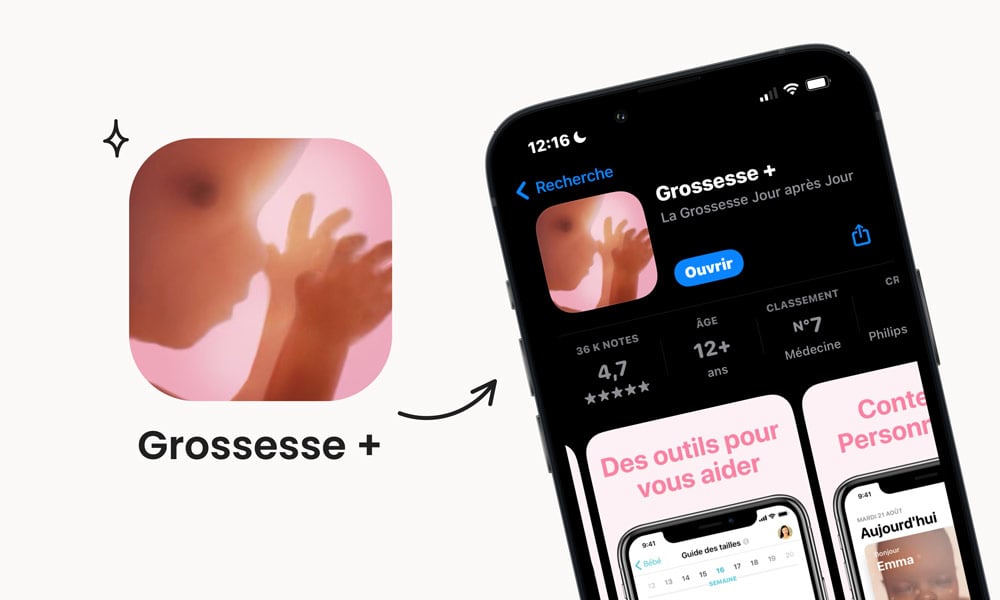 Application Grossesse + sur un fond rose pâle montrant l'ombre floue d'un bébé, reflétant la croissance et le développement prénatal. L'écran du smartphone affiche l'application avec une excellente évaluation de 4.7 étoiles, indiquant sa qualité et sa fiabilité dans la catégorie médecine. L'application, conçue pour fournir un suivi quotidien de la grossesse, offre des outils pratiques et un contenu personnalisé pour accompagner les futures mamans à chaque étape de leur maternité.