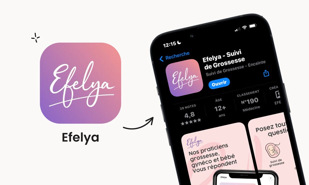 Icône de l'application 'Efelya' pour le suivi de grossesse affichée sur un écran de smartphone. L'application est notée 4.8 étoiles, ce qui témoigne de son efficacité et de sa popularité dans la catégorie médicale d'une plateforme d'applications. Avec un design épuré et une typographie élégante sur un fond dégradé du rose au violet, 'Efelya' propose aux femmes enceintes un suivi personnalisé et des réponses à leurs questions par des professionnels. L'interface utilisateur montre des fonctionnalités claires pour une expérience utilisateur optimale, idéale pour un suivi de grossesse précis et informatif.