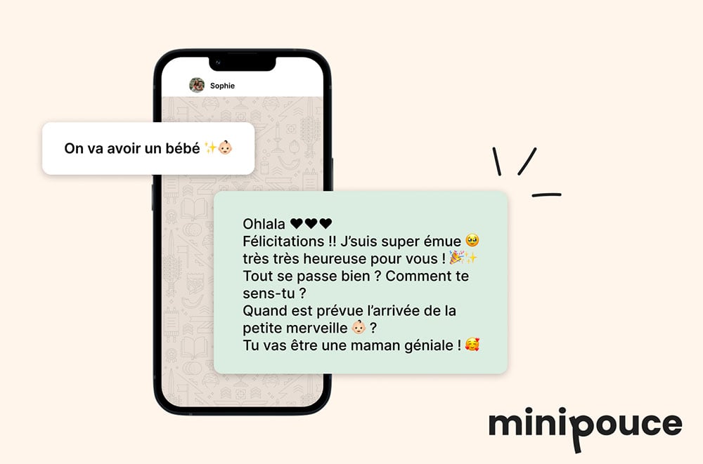 Exemples de textes de félicitations pour la naissance d'un bébé, illustrés par une conversation SMS joyeuse et émotive entre deux personnes. Un message annonce l'heureuse nouvelle avec des emojis de bébé, suivi d'une réponse enthousiaste et bienveillante exprimant l'émotion et les félicitations, tout en posant des questions sur le bien-être et la date d'arrivée prévue de la nouvelle petite merveille.