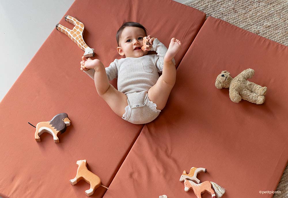 Bébé jouant avec des jouets en bois, symbolisant la sécurité et l'éveil fournis par une garde d'enfants qualifiée. Guide explicatif sur comment faire une déclaration d'une nounou pour les parents.