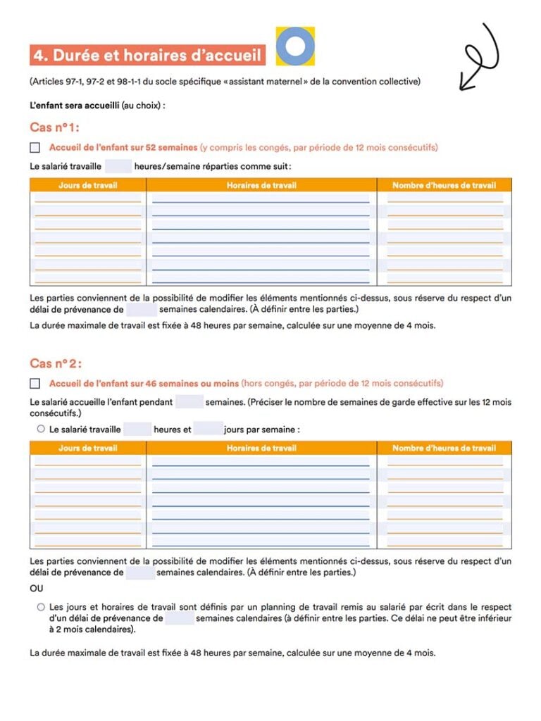 Section d'un document officiel détaillant la durée et les horaires d'accueil d'un enfant par une assistante maternelle, un élément clé du processus pour embaucher et déclarer une assistante maternelle conformément à la législation en vigueur.