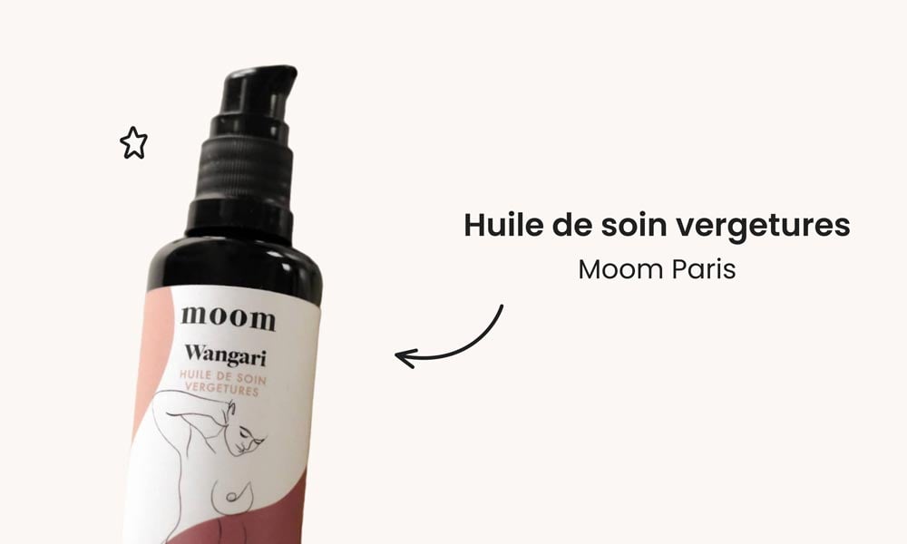 Huile de soin anti-vergetures Wangari de Moom Paris, une solution naturelle plébiscitée par les femmes enceintes pour sa capacité à nourrir en profondeur et à améliorer l'élasticité de la peau, réduisant ainsi le risque de vergetures.