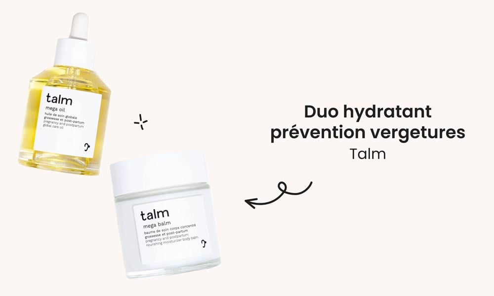 Le duo hydratant Talm pour la prévention des vergetures, composé de mega oil et de mega balm, offre une protection intensive pendant et après la grossesse pour maintenir la peau douce et souple.