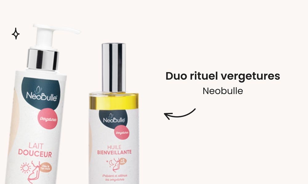 Prévenez et traitez les vergetures de la grossesse avec le duo rituel de Neobulle : le lait douceur et l'huile bienveillante, conçus pour renforcer et hydrater la peau, élus meilleurs produits anti-vergetures par les futures mamans.