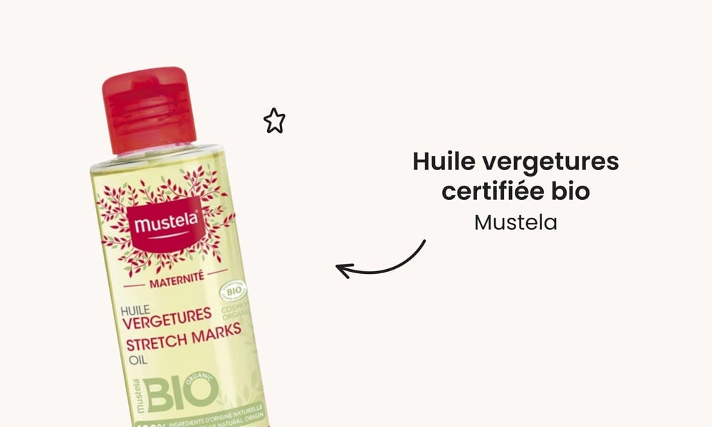 Huile vergetures certifiée bio de Mustela, riche en ingrédients d'origine naturelle, est hautement recommandée pour préserver l'élasticité de la peau et prévenir les vergetures pendant la grossesse.