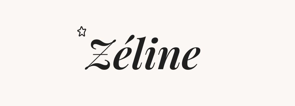Prénom Zéline, un nom de fille moderne et stylé, mis en avant avec une typographie créative et un petit symbole étoilé.