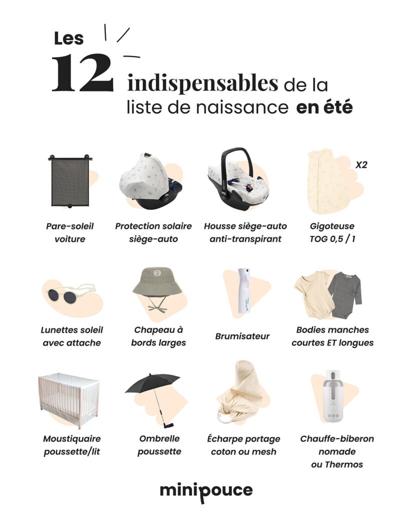 Indispensables liste de naissance été, must-have naissance bébé chaleur, accessoires essentiels pour bébé estival, matériel bébé protection soleil, équipement transport bébé été, trousseau naissance pour temps chaud.