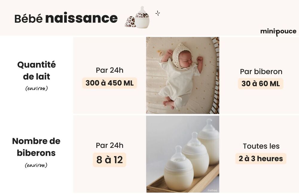 Infographie des quantités de lait pour un nouveau-né : 30 à 60 ml par biberon, 8 à 12 biberons par jour, toutes les 2 à 3 heures