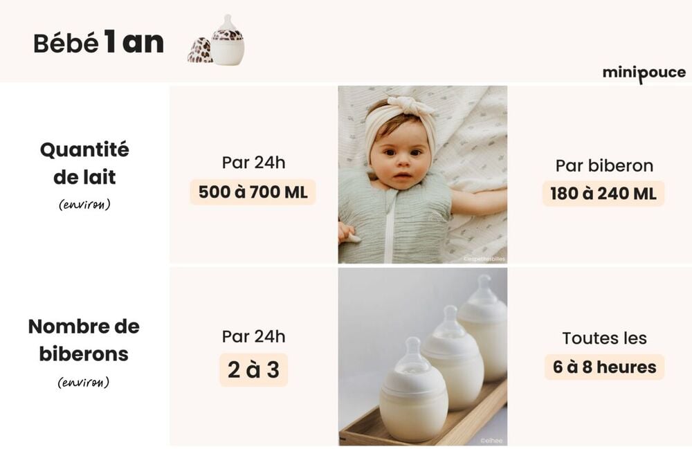 Quantité de lait bébé de 1 an : 180 à 240 ml par biberon, 2 à 3 repas quotidiens, toutes les 6 à 8 heures