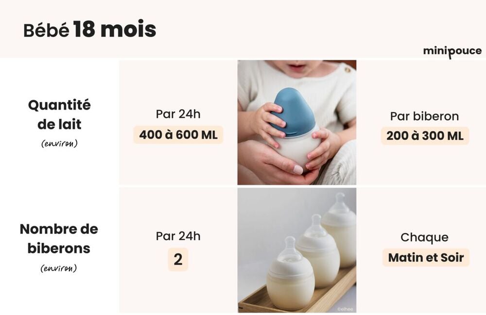 Quantité de lait pour un bébé de 18 mois : 200 à 300 ml par biberon, soit environ 400 à 600 ml par jour, répartis en deux biberons, matin et soir