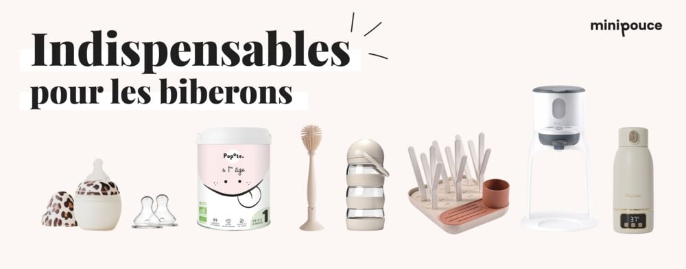Liste des accessoires indispensables pour la préparation et l’entretien des biberons de bébé : tétines, doseur, chauffe-biberon, goupillon