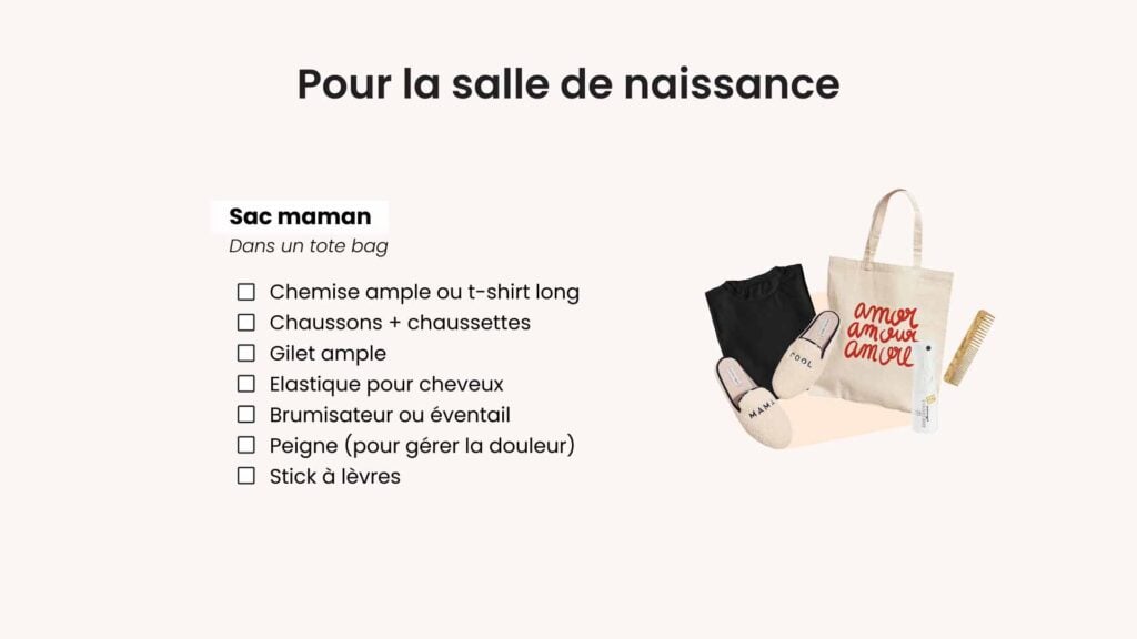 Checklist valise maternité maman avec vêtements confortables, chaussons et accessoires utiles