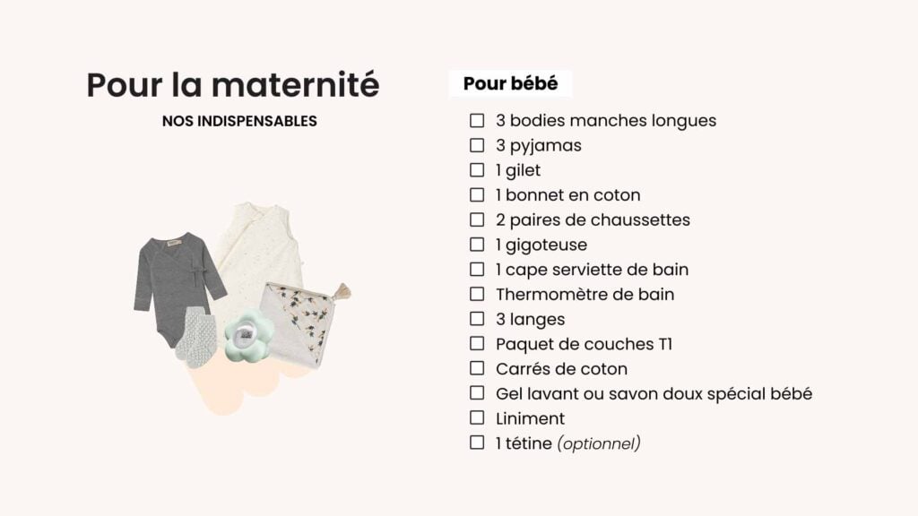 Checklist valise maternité pour bébé avec bodies, pyjamas, gigoteuse et linge de toilette