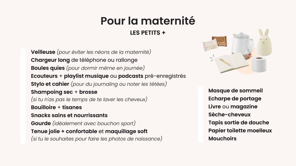 Idées de petits plus à ajouter dans valise maternité comme veilleuse, snacks et carnet de notes