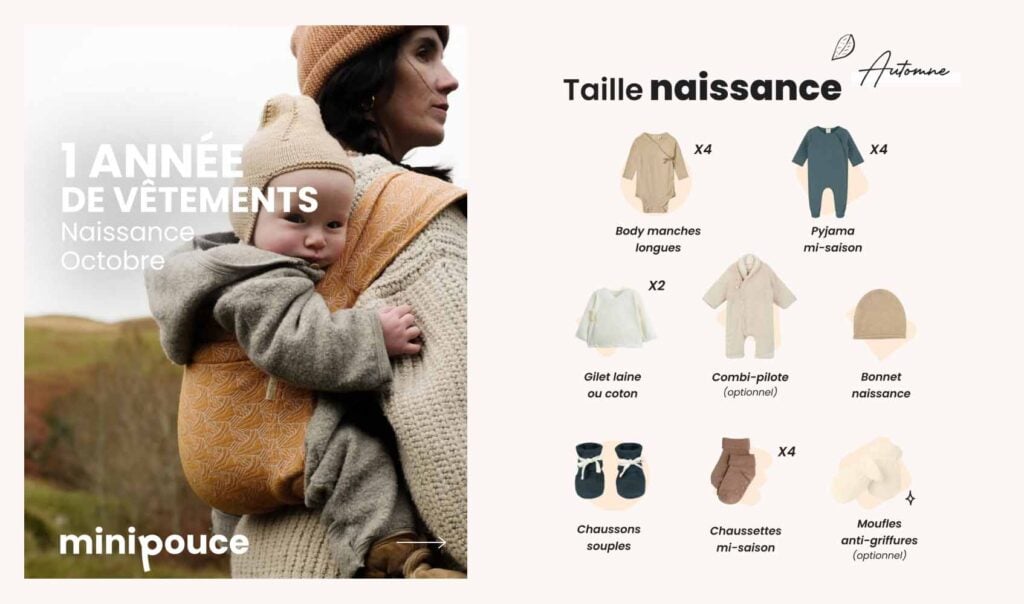 Visuel présentant la sélection des indispensables vêtements naissance pour bébé d’octobre