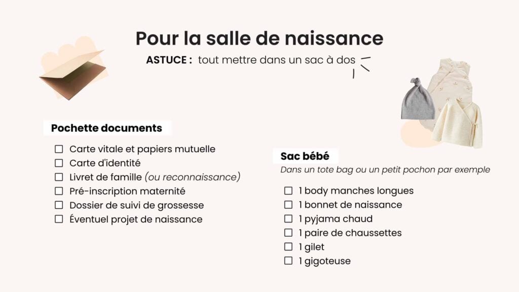 Checklist valise maternité salle de naissance avec documents administratifs et premières affaires bébé