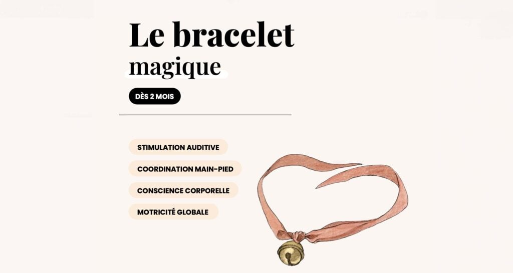 Illustration d’un bracelet avec grelot intitulé “Le bracelet magique”, activité d’éveil DIY bébé 0-3 mois favorisant la coordination et la motricité