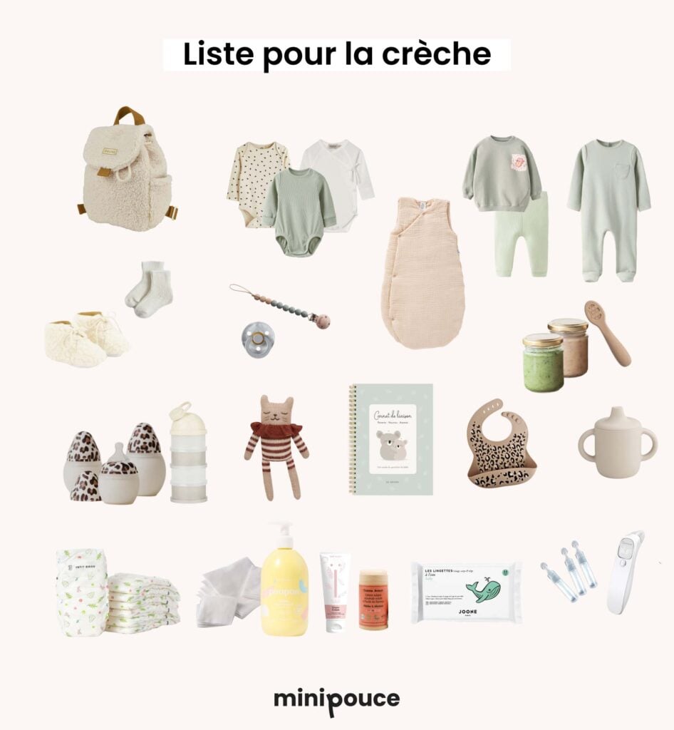 Présentation visuelle d’une checklist complète idéale des indispensables crèche ou nounou dans le sac de bébé regroupant vêtements, gigoteuse, repas et soins