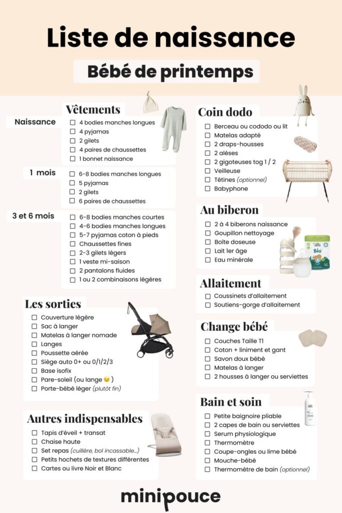 Checklist complète pour liste de naissance printemps, indispensables pour bébé au printemps : vêtements, coin dodo, sorties, change et soins