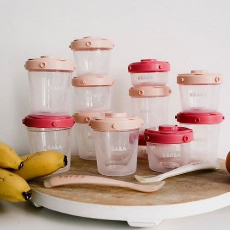 Béaba - Pack 1er repas avec pots de conservation et cuillères rose (14 pièces)